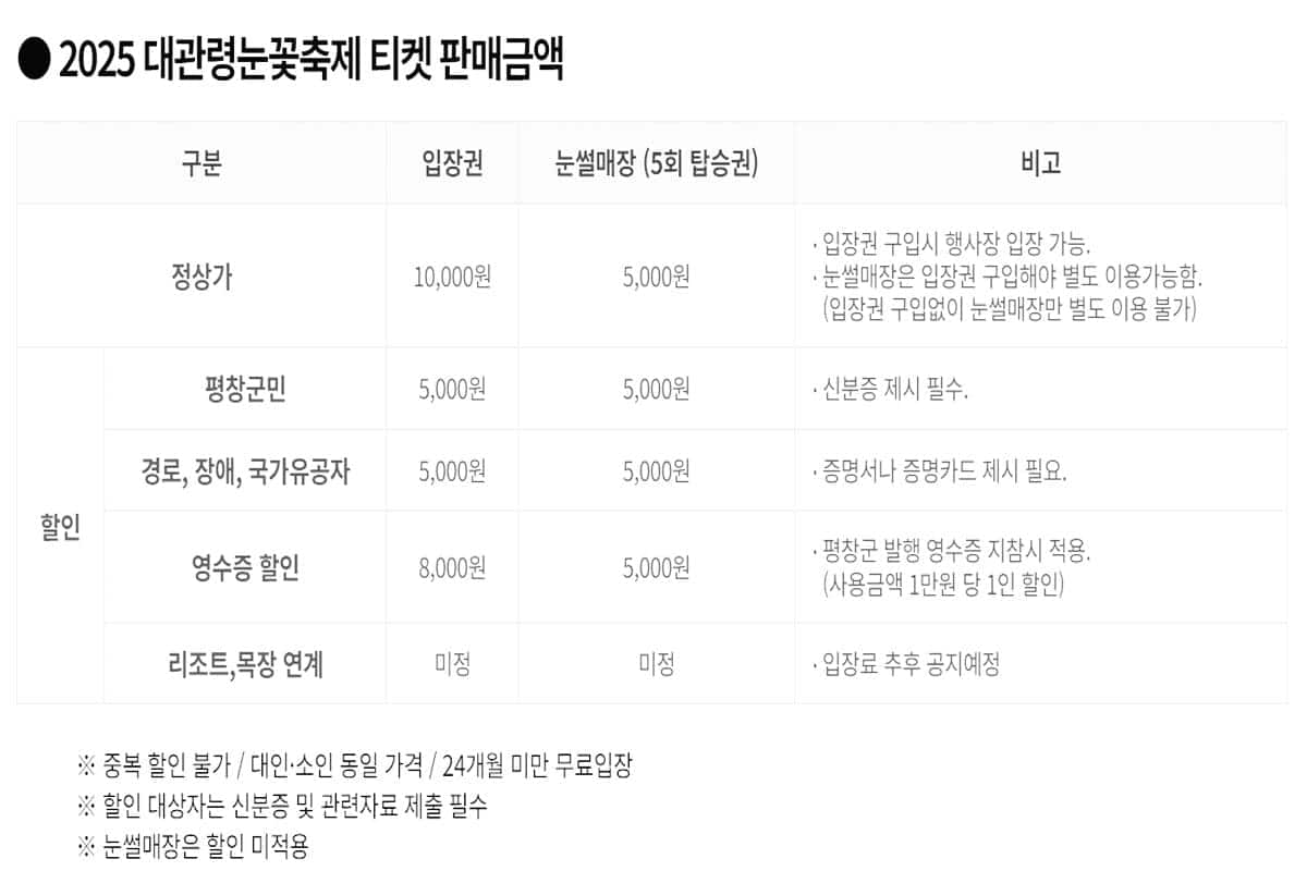 대관령눈꽃축제 이용요금 대관령눈꽃축제 이용요금