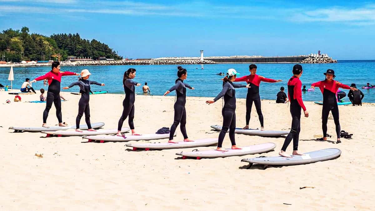 양양 해변에 서핑을 즐기는 시민들